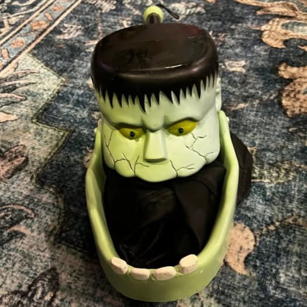 Halloween Gemmy Rare VTG Frankenstein Head Talking Light Up Trick Or Treat Can